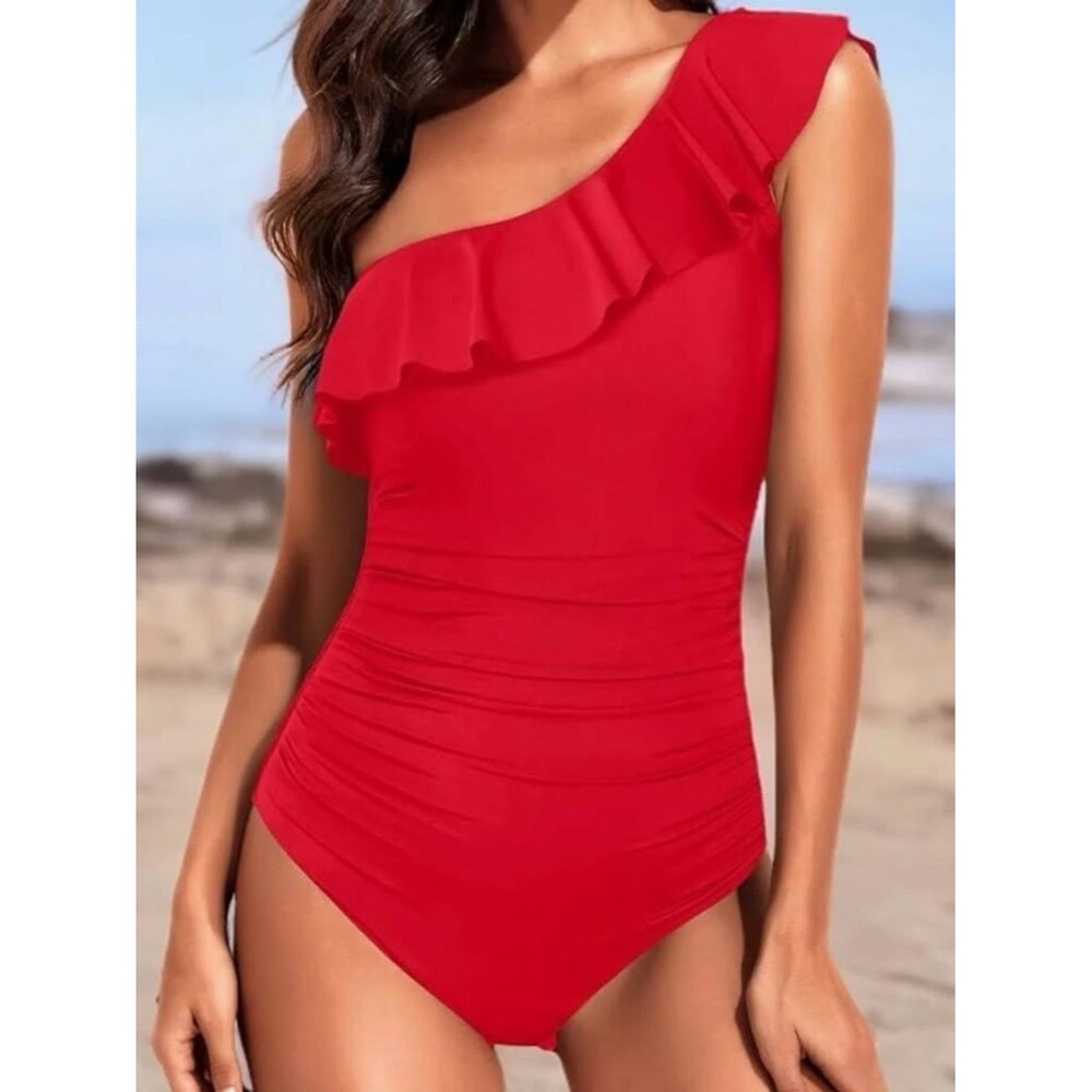 Hilor One-Shoulder Ruffle Cherry Red One Piece Swimsuit Bathing Suit Size 8